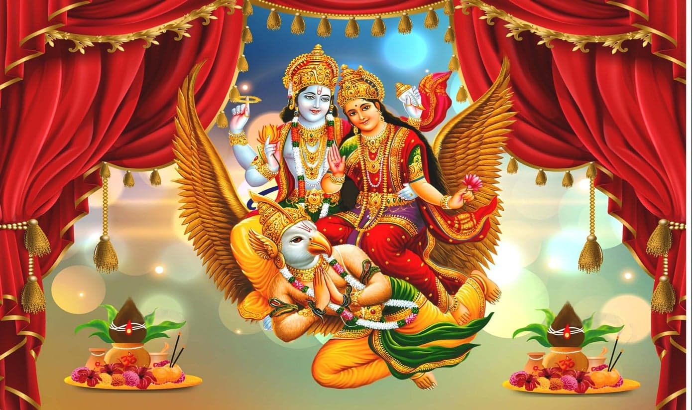Backdropon Lord Vishnu and Lakshmiji Riding on GarudaDesign Backdrop Cloth for Pooja Decoration Traditional/Background Curtain Cloth for Festival Size 5 Feet Height and 8 Feet Width(5 * 8)
