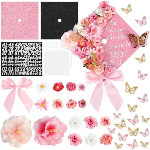 55 Pcs Pink DIY Graduation Cap Decorations Faux Assorted Flowers Pink Bows 3D Butterfly Stickers Glitter Alphabet Letter Number Decals for DIY Hat Grad Cap Topper Graduation Party Supplies
