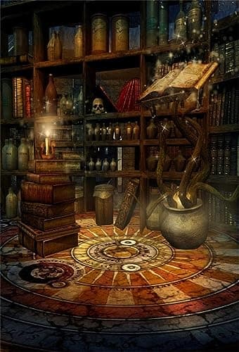AOFOTO 5x7ft Vintage Magic Room Background Witch Magical Potion Skull Photography Backdrop Medieval Wizard Candle Bookshelf Retro Books Halloween Photo Studio Props Wallpaper Boy Girl Child Portrait