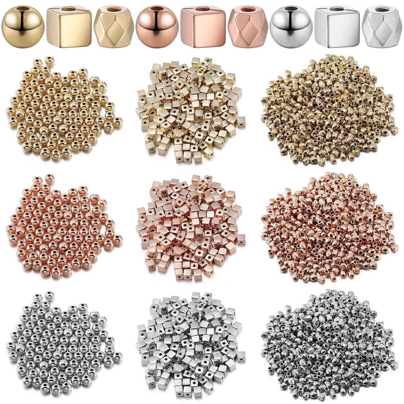 3000 Pieces Assorted Spacer Beads Include 1500 Faceted Rondelle Cube Column 900 Round Ball 600 Square Charm Loose Spacer Bead for DIY Jewelry Gold Sliver Rose Gold