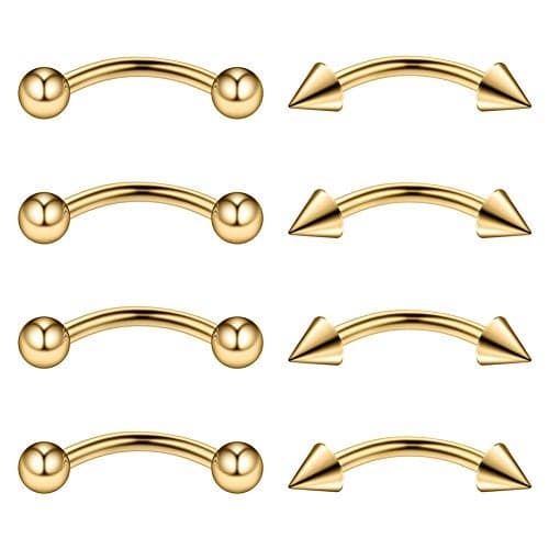 Ruifan 4PRS Eyebrow Piercing Jewelry Curved Barbell with Ball/Spike Kit Eyebrow Tragus Lip Ring 16g 16 gauge 8mm (Gold)