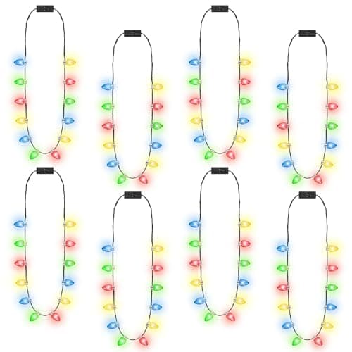 8 Pack Christmas Necklace Lights 12 Glowing Bulbs Christmas Accessories with 3 Modes Colorful Christmas Necklace LED Xmas Party Favors for Ugly Sweater Contest Family Reunion Holiday Celebrations