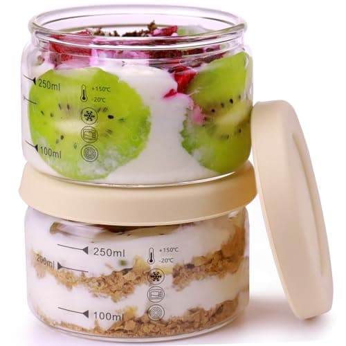 Matifaner 9 oz Round Pudding Glass Cups,Mini Glass Dessert Cups with Lid,Overnight Oats Meal Container with Silicone Seal Cover, Light Glasses Bowls, Dishwasher Microwave Safe (2 PCS)