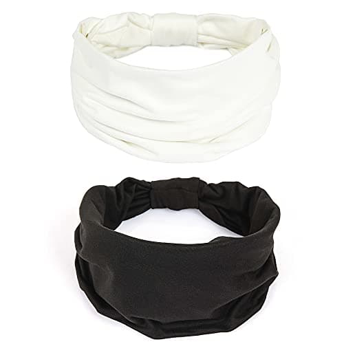 GiLi 2 Pack Wide Headbands for Women Boho African Knotted Non Slip Fashion Hair Bands Yoga Running Sports Workout Gym Head Wraps Elastic Soft Cotton Cloth Turbans Bandana for Girls (White,Black)