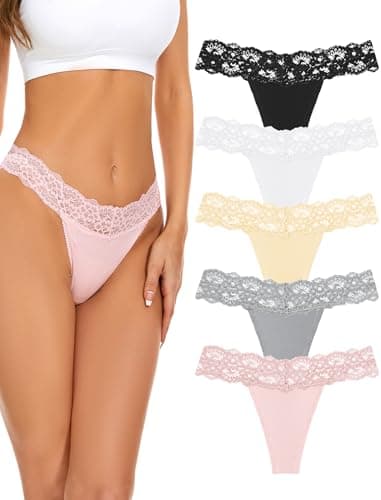 voenxe Seamless Lace Thongs for Women No Show Thong Underwear,Lady Breathable Comfort Panty Soft Laser Cut Undie,Tanga,5-Pack Basic