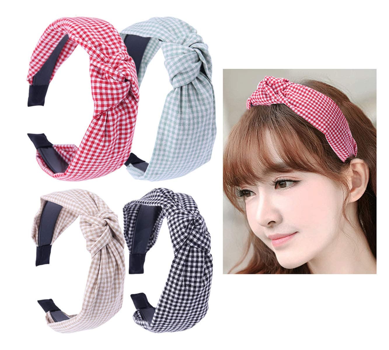 4 Pcs Check Gingham Turban Headbands Lattice Cross Knot Headband Cloth Wrapped Plastic Headwear Hair Bands Hair Hoop Party Favors Hair Accessories For Girls Woman Color Random