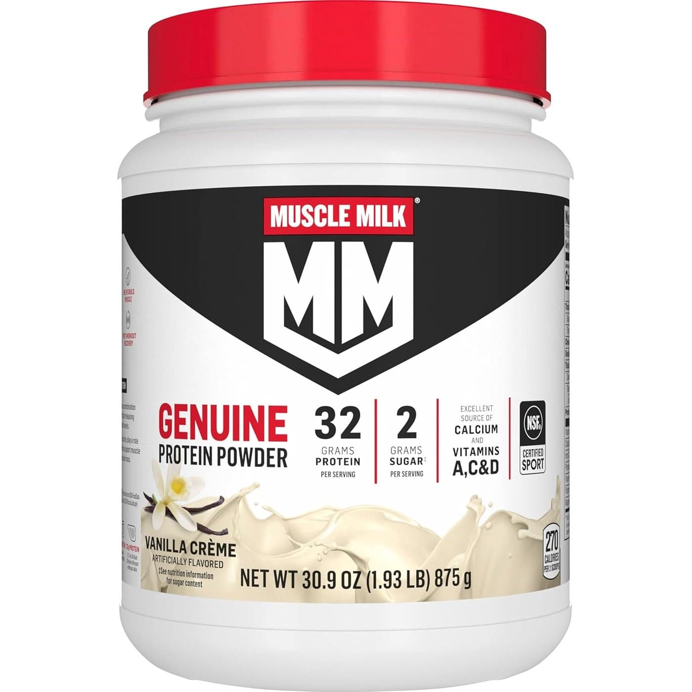 Muscle Milk Genuine Protein Powder Vanilla Crme 193 Pounds 12 Servings 32g Protein 2g Sugar Calcium Vitamins A C D NSF Certified for Sport Energizing Snack Packaging May Vary