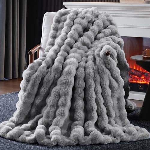 Anysay Faux Fur Throw Blanket, 1000GSM Fluffy Soft Bubble Blanket for Couch Bed, Cozy Plush Warm and Thick Blanket, Fuzzy Rabbit Throw for Living Room Bedroom 50''*60'' Light Grey