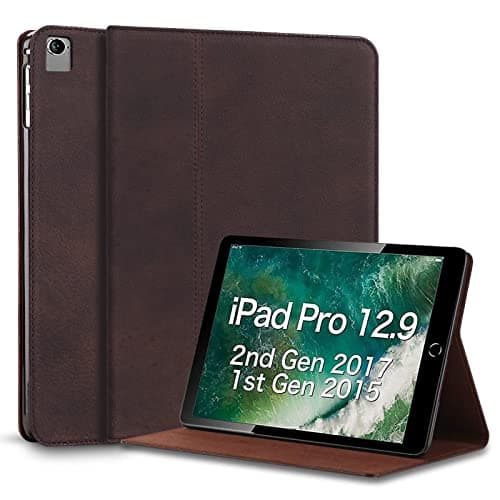 Gexmil Case for iPad Pro 12.9 Inch,2nd/1st Generation(2017/2015) Genuine Leather Cover Anti Fingerprint/Slip,Cowhide Folio Cover Auto Sleep/Wake with Adjustable Stand,Sand Dark Brown