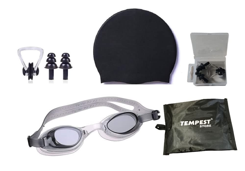 TEMPEST Swimming Kit with Antifog Goggles,Silicone Cap Noseclip,EarPlugs for Men,Women,Boys,Girls,Kids and Adult (Black)