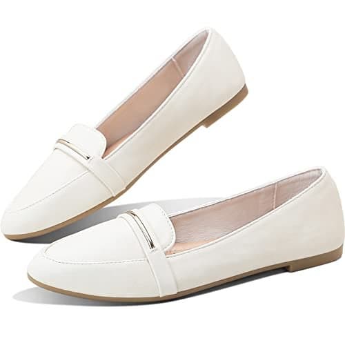 Obtaom Women's Faux Leather Ballet Flat,Comfortable Office Slip Ons,PU Working Loafer Flat(Beige US8)