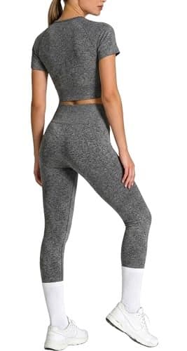Workout Sets for Women 2 Piece Outfits Cute Gym Athletic Pilates Hiking Clothes Conjunto Deportivo Para Mujer Seamless High Waist Leggings Yoga Crop Tops Two Piece Matching Sports Set (P005S-Grey)