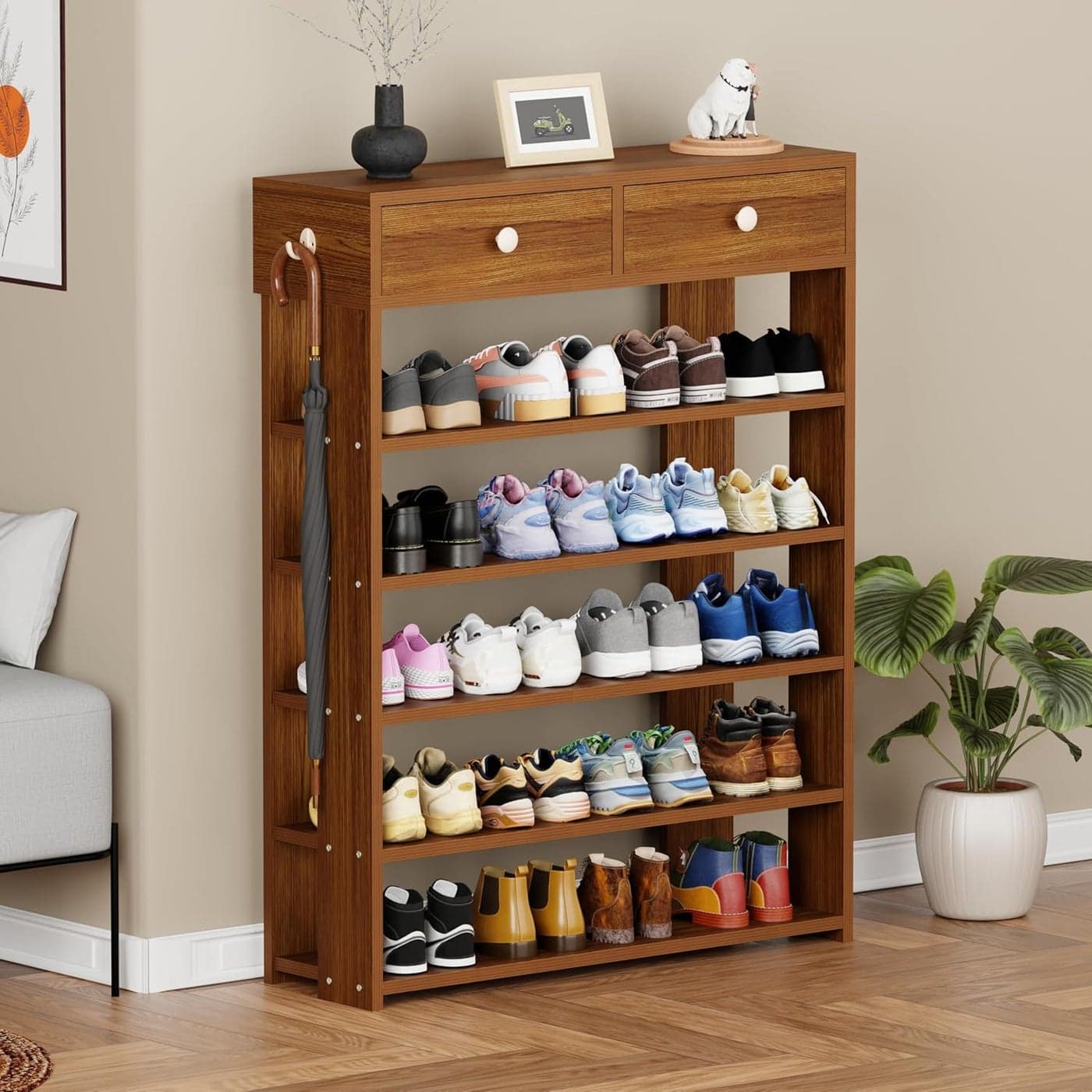 Lukzer SR-001 5-Tier Shoe Rack with Storage Drawers | Engineered Wood Shoe Stand & Organizer | Freestanding Entryway Shoe Shelf for Home, Hallway, Bedroom | DIY Assembly (Brown Oak, 92x21x70 cm)