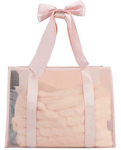 KUAK Beach Bags for Women Pink Large Beach Tote with Bow Iridescent Clear Waterproof Sandproof TipProof Foldable with Inner Zipper Pocket for Swim Pool Beach Essentials
