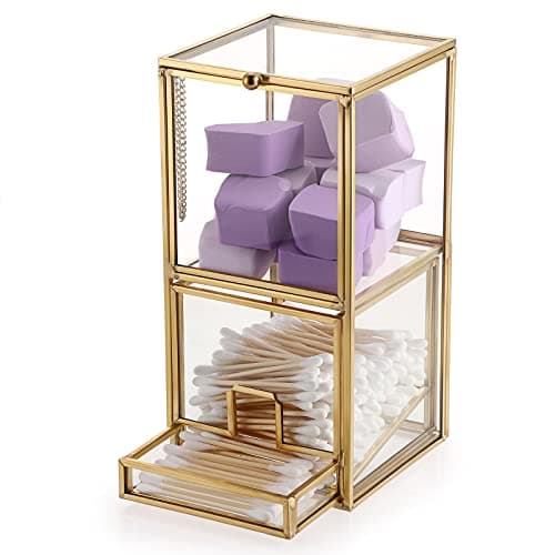 Hipiwe Gold Glass Qtip Holder with Lid 2 Compartments Cotton Balls Swab Organizer Cotton Round Pads Holder Makeup Pad Cosmetic Storage Case Q-tip Dispenser for Dresser Countertop