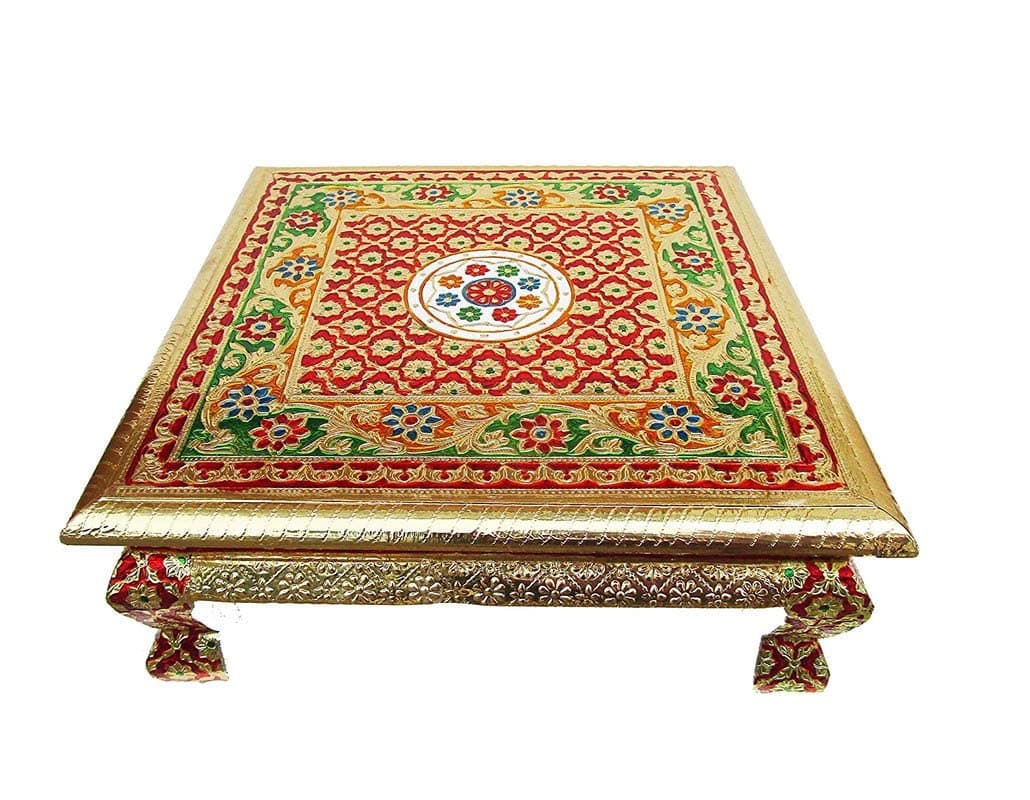 Suhanika Crafters Premium Wooden Pooja Chowki with Transparent Lamination Large ChaurangBajotPata for Puja MultiUse Wooden Stool for Sitting Worship 18X18