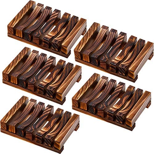 Honoson 5 Pieces Wooden Soap Dish Holder Tray Wood Bar Soap Holder Tray Self Draining Saver for Shower Bathroom Kitchen