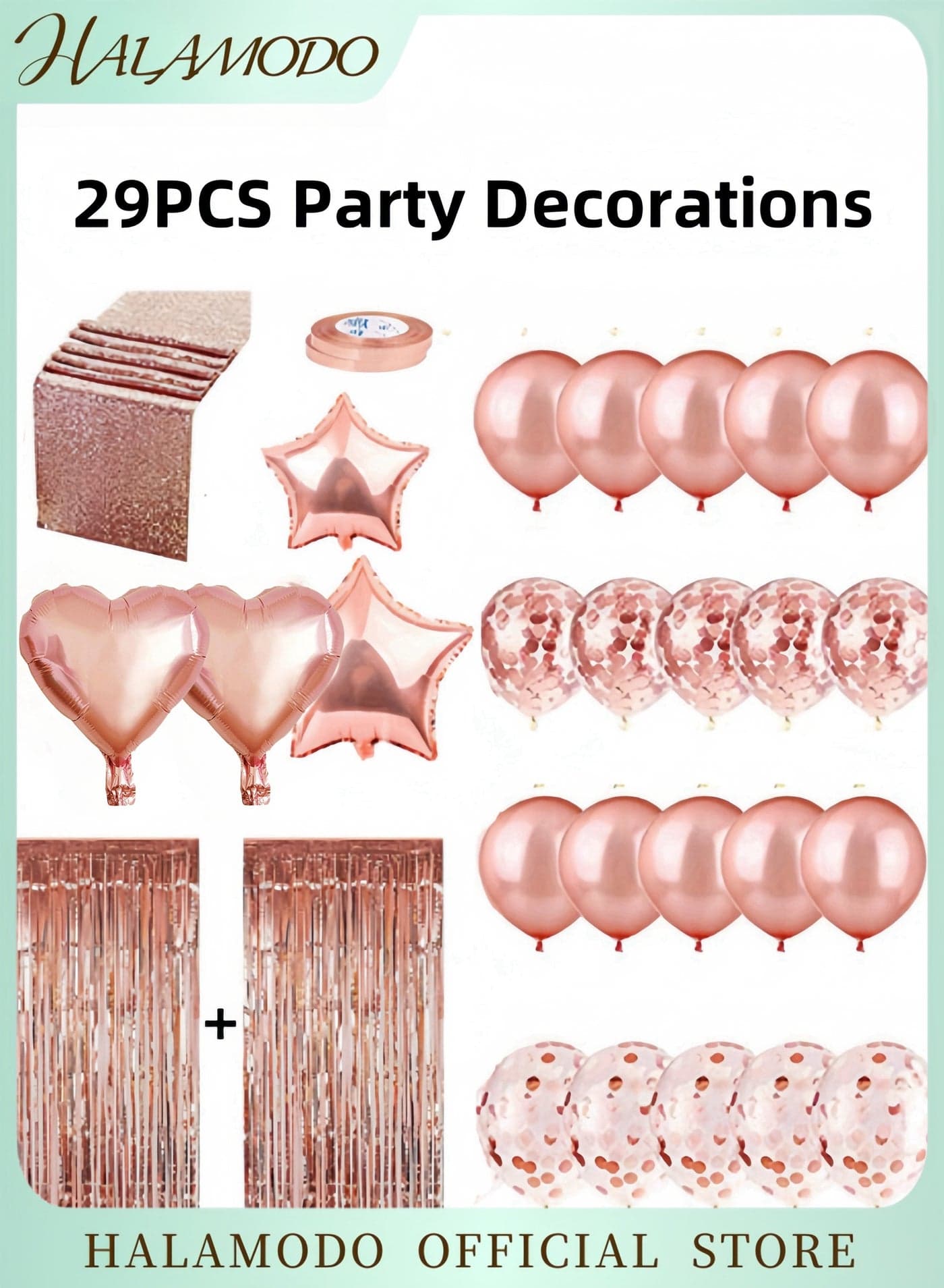 29PCS Party Decorations Includes 10pcs Latex Balloons 10pcs Confetti Latex Balloons 1pc Sequin Table Runner 2pcs Ribbons 2pcs Metallic Tinsel Foil Fringe Curtains 2pcs Star Balloons 2pcs Heart Shaped Balloons Photo Booth Props for Birthday & Wedding & Engagement & Bridal Shower