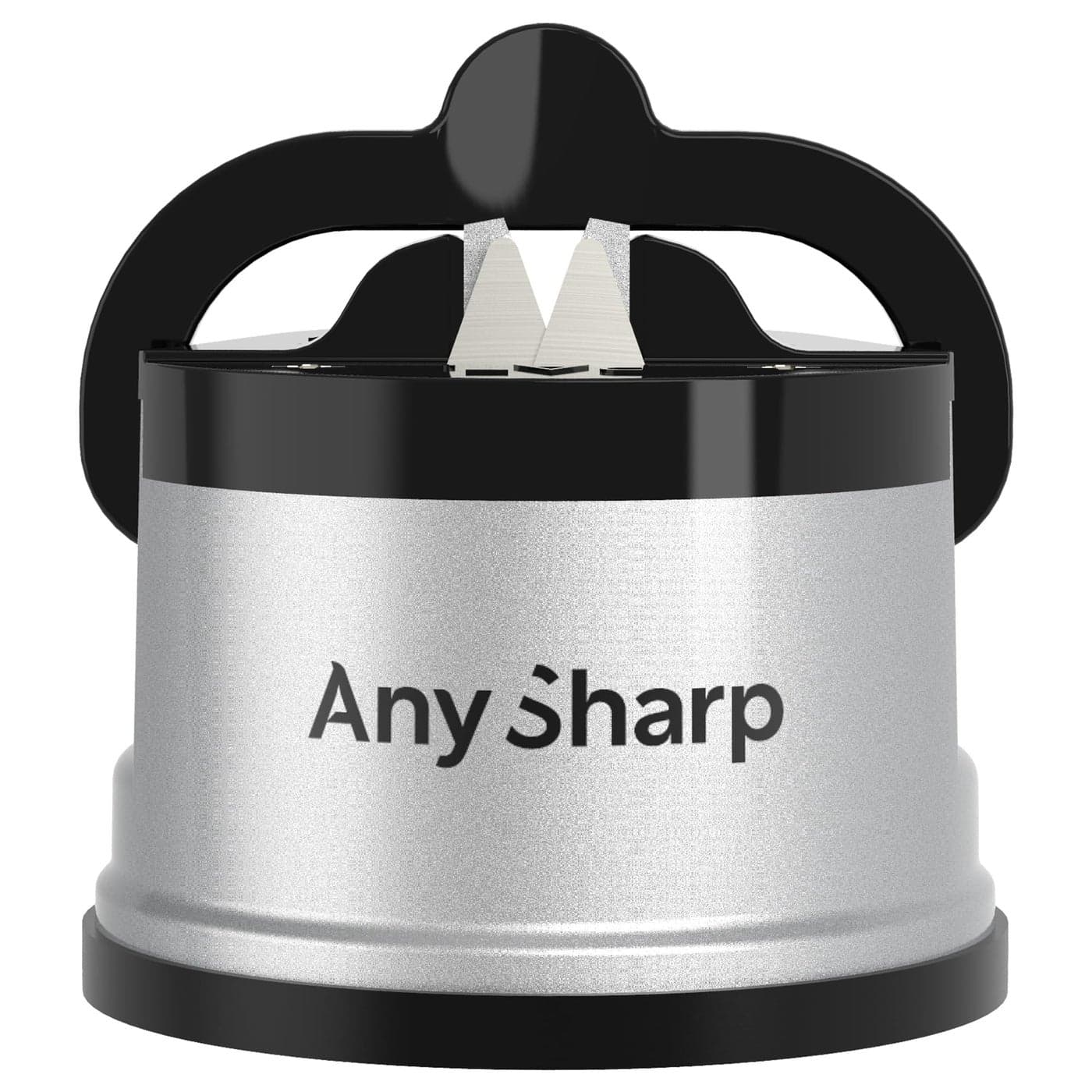 AnySharp GLOBAL Hands Free Knife Sharpener Easy to Use Sharpening Tool with PowerGrip Suction Base and 20Degree Preset Angle For All Knives Chefs Serrated and Hardened Steel Silver