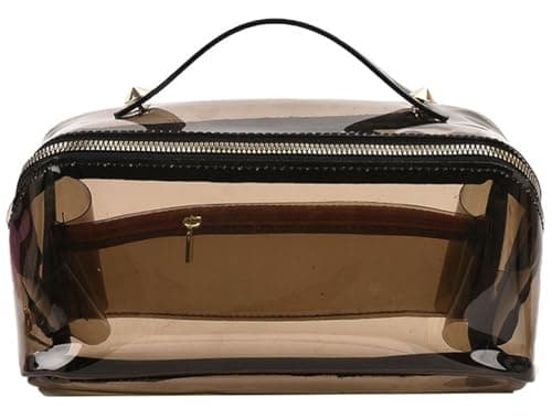 EURYNOME Clear Makeup Organizer Bag Semi Transparent Travel Makeup Bag Leather Handle Clear Cosmetic Bag with Zipper