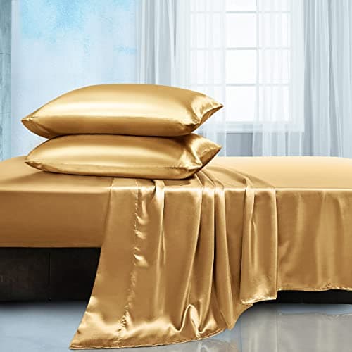 Manyshofu Satin Queen Sheets Set 4 Piece Soft Silky Satin Sheets Set Camel Gold Satin Bed Sheets Cooling Luxury Bedding Sheet Set1 Satin Fitted Sheet 1 Satin Flat Sheet 2 Satin Pillow Cases