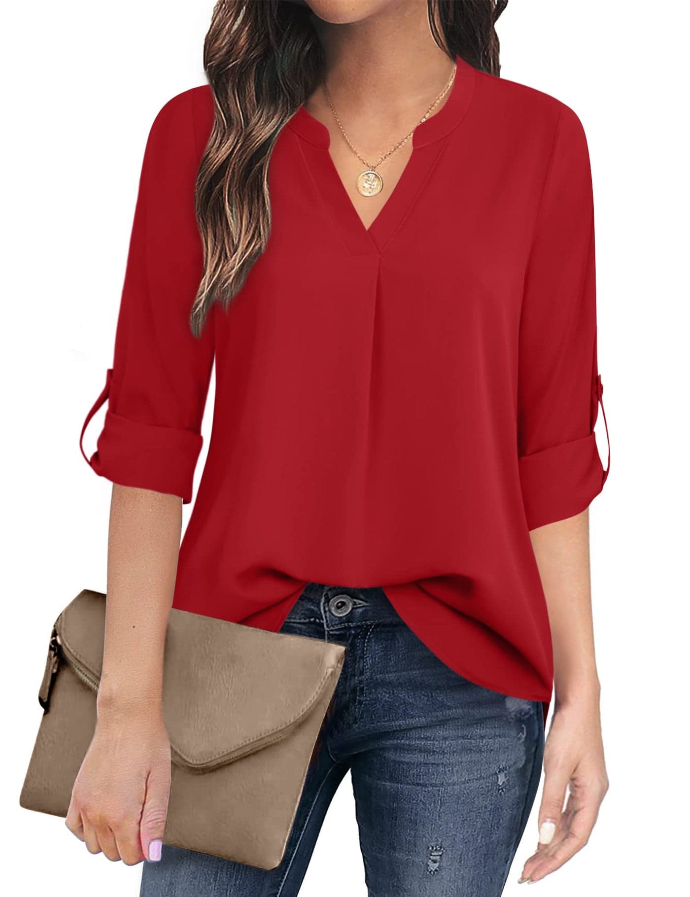 Timeson Women's Office Wear Tops and Blouses Ladies Fashion Business Work Chiffon Blouse Shirs 3/4 Sleeve Tunics Tops Casual Linen Maternity Sheer Loose Dressy Blouse Tops for Leggings Red