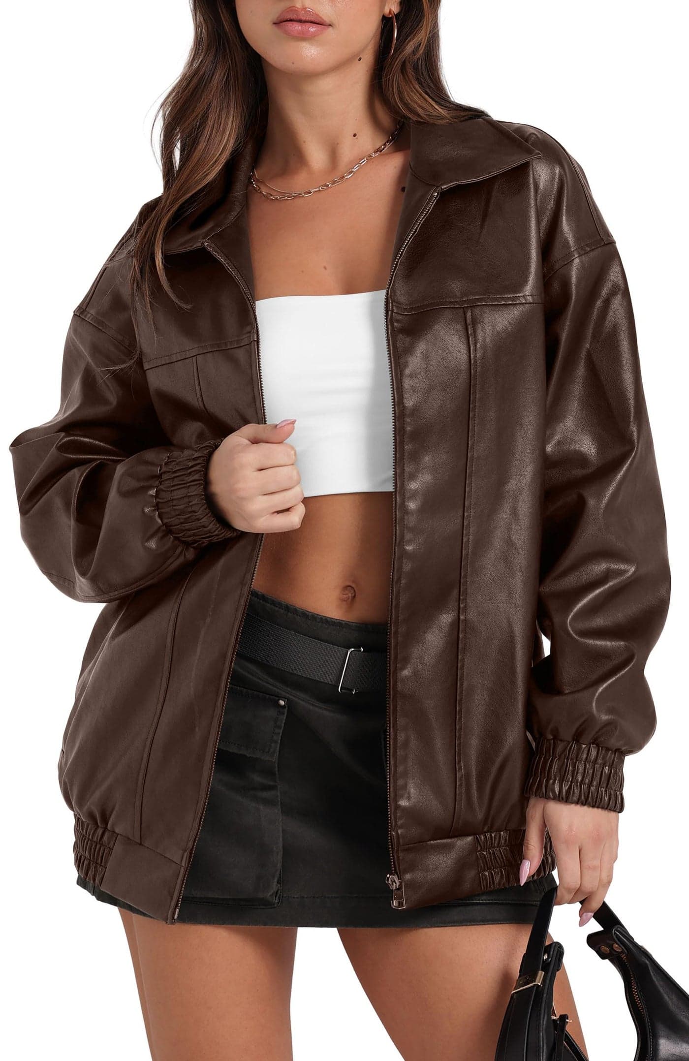 Sampeel Chocolate Brown Fall Clothes Leather Jacket Women Faux Baggy Motorcycle Trendy Coats 2025 Fashion Winter Outfits M