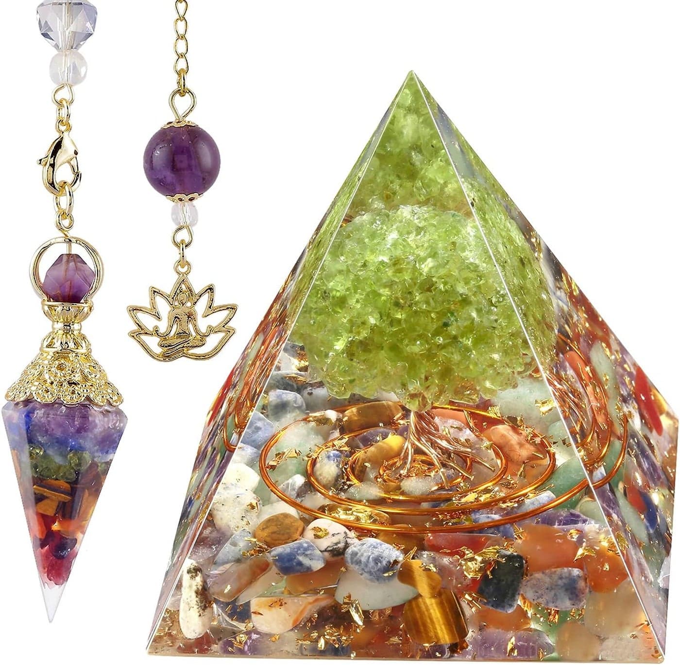 SUNYIK Orgone Pyramid & Orgone Pendulum Set, Tree of Life Orgonite Energy Generator & Orgone Crystal Points Pendulum for Divination Meditation Chakra Balancing, Rainbow & 7 Chakra