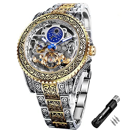 FORSINING Vintage Watch for Men Engraved Automatic Self-Wind Mechanical Big Dial Luminous Moon Phase Golden Hollow Tattoo Pattern Wrist Watches, Mechanical