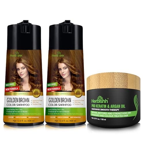 Herbishh Hair Color Dye Shampoo Pack of 2 and Argan Hair Mask 150 ML Golden Brown