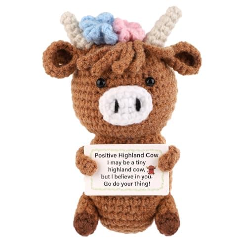 lasuroa Positive Highland Cow Crochet Highland Cow Positive Knitted Highland Cow Emotional Positive Support Cow Inspirational Knitted Wool Doll for Encouragement Gifts Party Decoration
