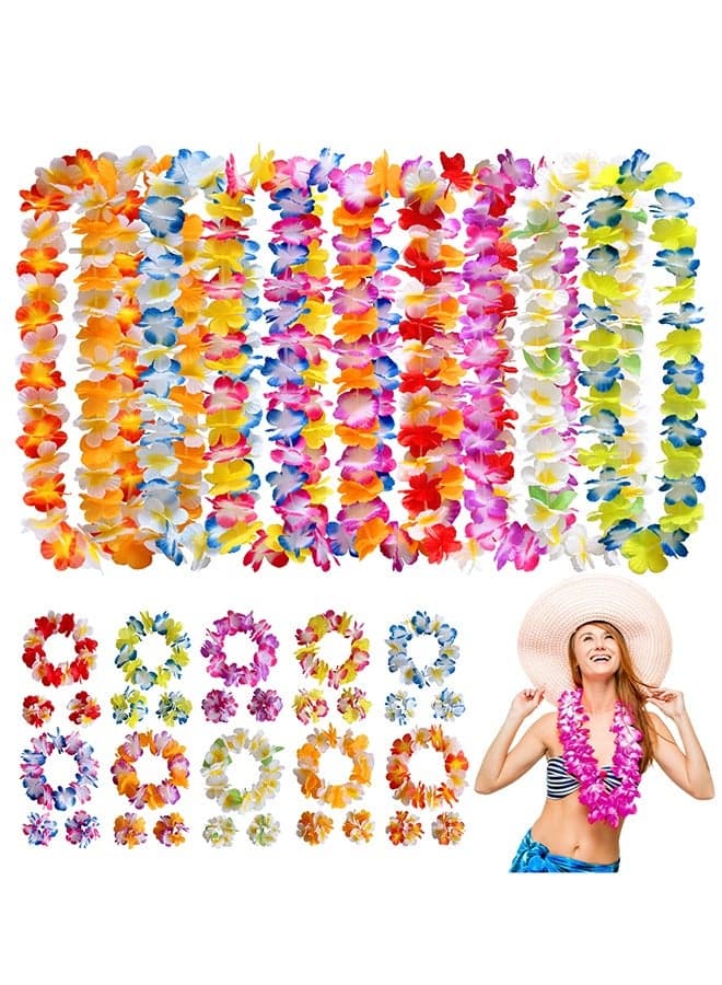 40 Counts Hawaiian Leis, Luau Party Supplies of Elastic Flowers Necklaces, Headbands and Wristbands - Tropical Hawaiian Decorations, Beach Party Decorations, Birthday Party Favors