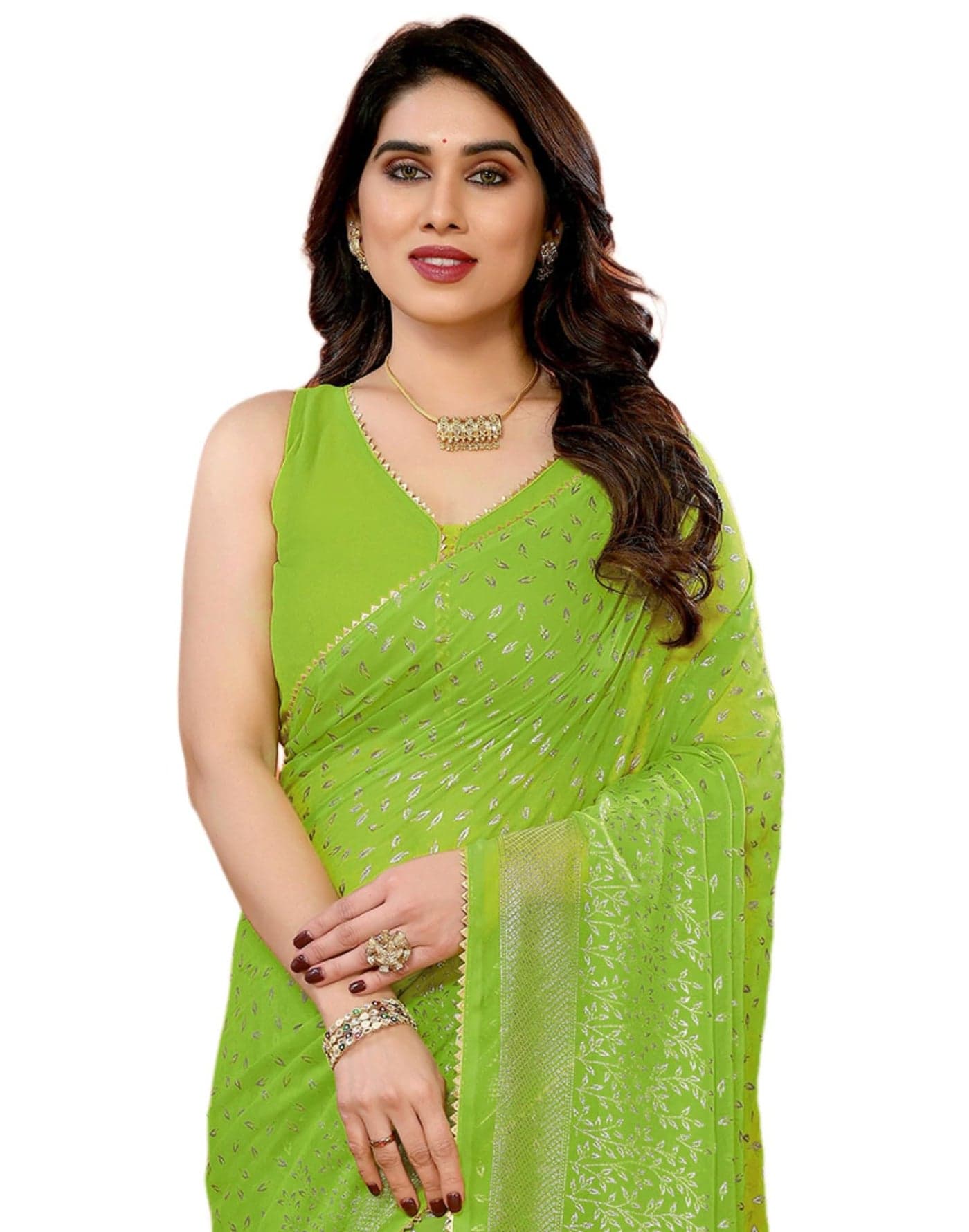 SIRIL Women's Georgette Foil Printed Saree with Unstitched Blouse Piece (4258S692_Green)