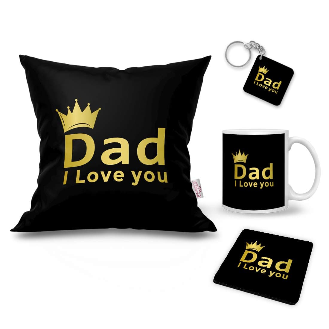 K1Portal Dad I Love You Printed Satin Cushion Quote Black Cover with Filler 12 x 12 Inch Combo Pillow Mug Keychain Coaster