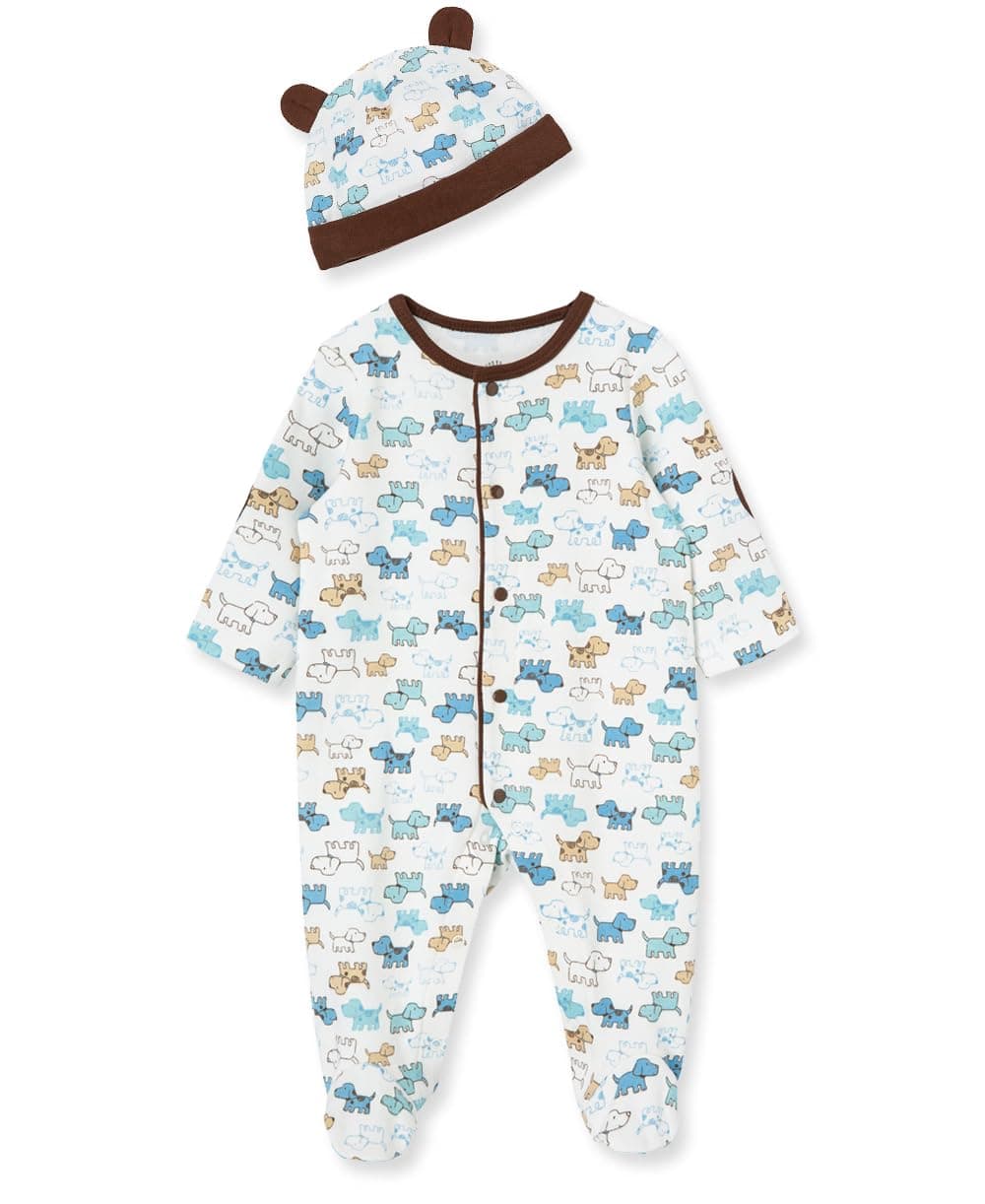 Little Me baby boys Footie Hat infant and toddler rompers, White Print/Puppies, 3 Months Pack of 1 US