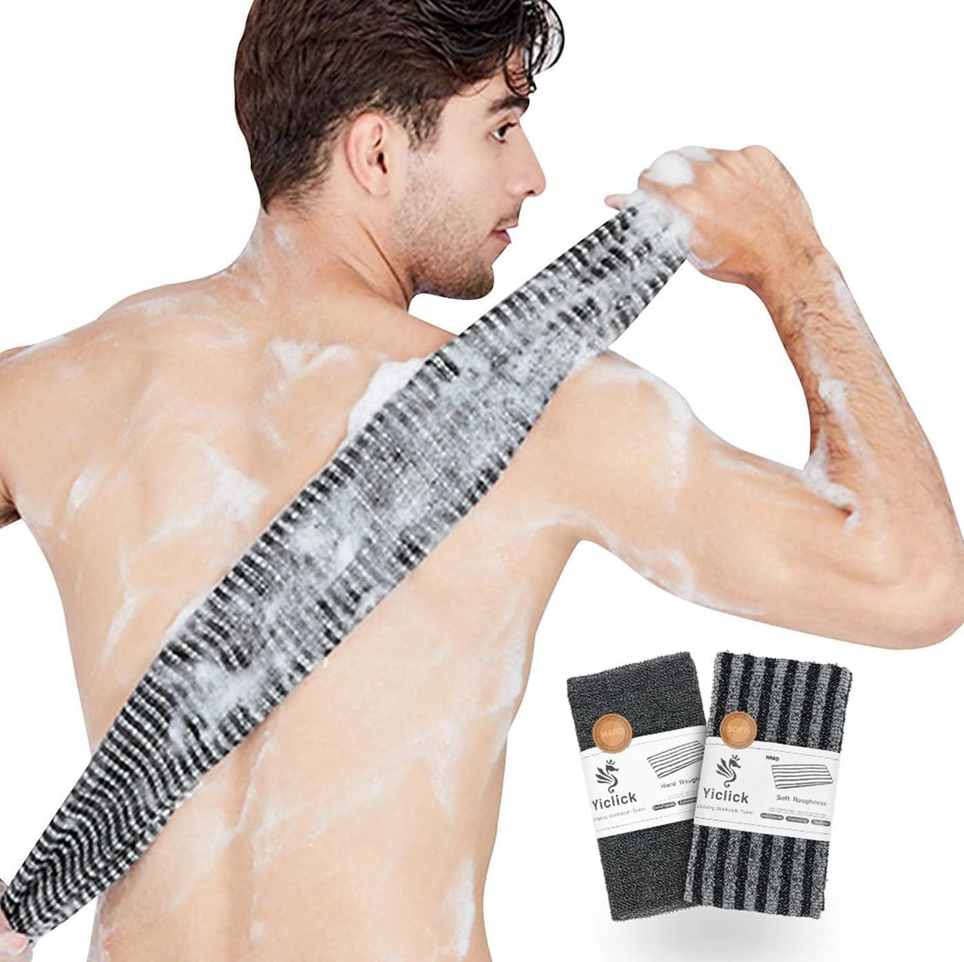 Yiclick Exfoliating Body Scrubber Back Scrubber for Shower Bath Japanese Scrub Wash Cloth Exfoliating Washcloth Towel for Men Women Body Exfoliator Loofah Luffa Sponge Net Rag Back Washer Black
