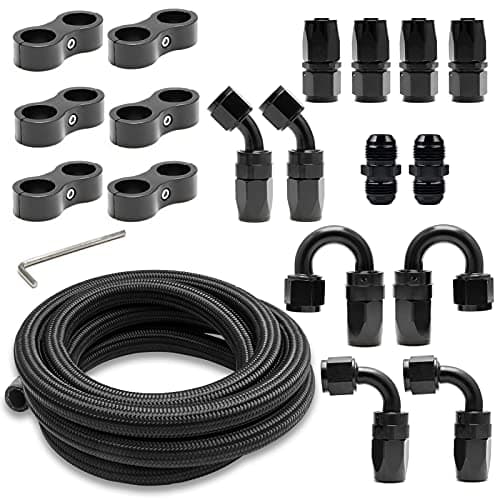 Medoon 10ft 10AN Black Nylon And Stainless Steel Braided Fuel Oil Hose Fuel Line 10pcs 10AN Hose Fitting Kit 6pcs 10AN Hose Separator Clamp 2pcs 10AN to 10AN Male Coupler Adapter Straight Fitting