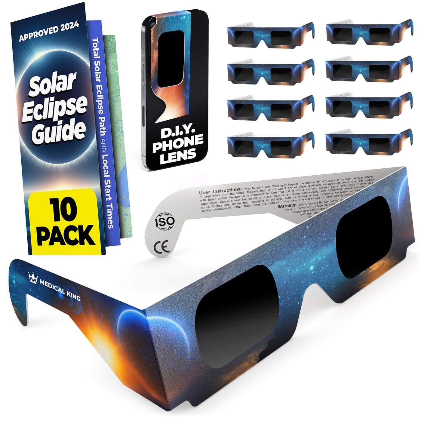 Medical king Solar Eclipse Glasses Approved 2024 10 pack CE and ISO Certified Safe Shades for Direct Sun Viewing Includes Bonus Eclipse Guide With Map