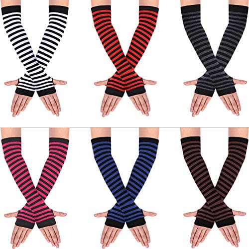 SATINIOR 6 Pairs Long Fingerless Gloves for Women Knit Thigh High Striped Arm Warmer Thumb Hole Stretchy Gloves(Diversified Color)