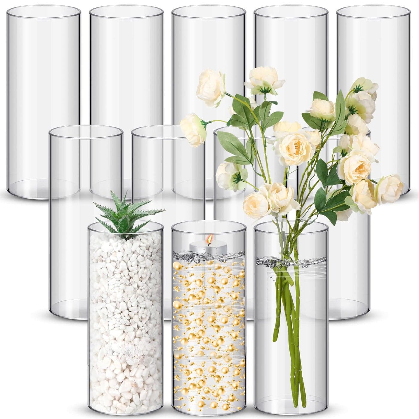 Nuogo 12 Pcs Plastic Clear Cylinder Vase for Home 8 Inch Acrylic Flower Clear Vase Centerpiece for Centerpieces Wedding Party Decorations