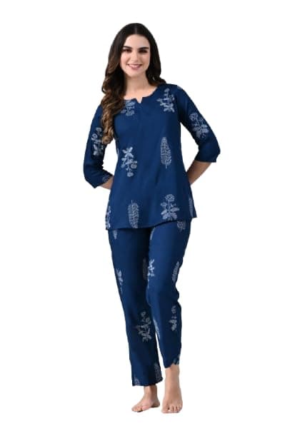 Ichaa Women Rayon Printed Night Wear Top and Bottom Night Suit Set, Blue, Small