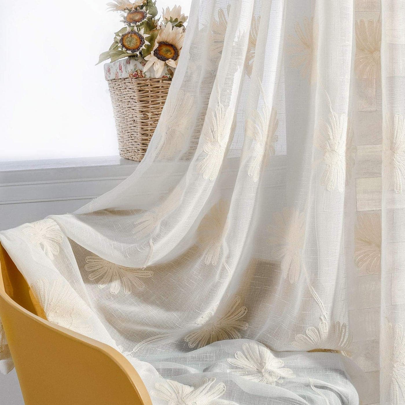 VOGOL 2 Panels Rod Pocket Sheer Curtains Flower Embroidered Elegant Window Drapes for Living Room Bedroom52x96Beige