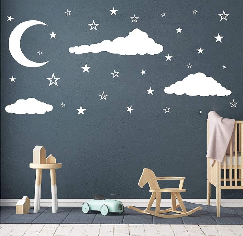 Removable Creative 3D Vinyl White Clouds Moon and Stars Wall Decals DIY Home Wall Art Decor Wall Stickers for Kids Baby Children Boy and Girls Rooms Bedroom Living Room Playroom Decoration White