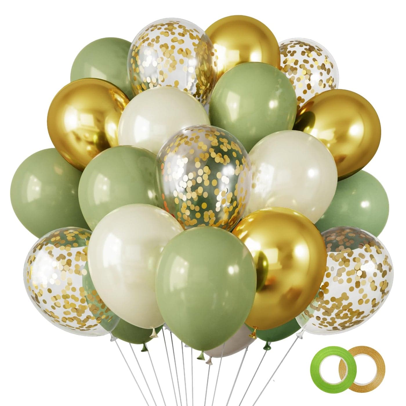 RUBFAC 65 Pcs 12 Inches Sage Green Gold Confetti Balloons Kit Green Gold Sand White Party Balloons with Ribbons for Tiana Birthday Wedding Baby Shower Graduation Eucalyptus Party Decorations