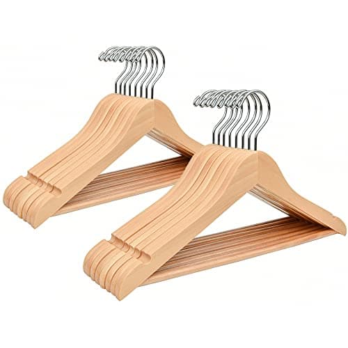Amber Home 20 Pack 15" Natural Wooden Clothes Hangers for Woman, Teenager Clothing Hangers for Shirt Jacket, Solid Wood Dress Coat Hangers with Non Slip Pants Bar (Natural, 20)