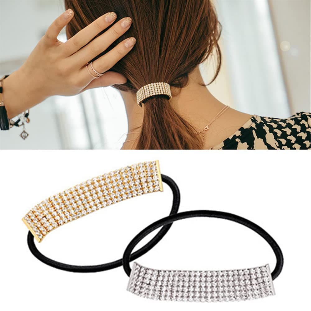 Ruihfas 2Pcs Designer Fashion Elastic Rhinestone Hairtie Ponytail Holder Headband Hair Ties Accessories for Women Girls Hair Band Scrunchies