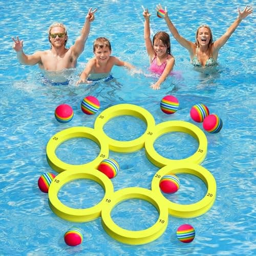 Hiboom Pool Game with Score Combo Foam Pool Floats with 10 Colorful Tossing Balls Toss Game Swimming Party Toys Accessories for Family Par Dive RingsRoundYellow