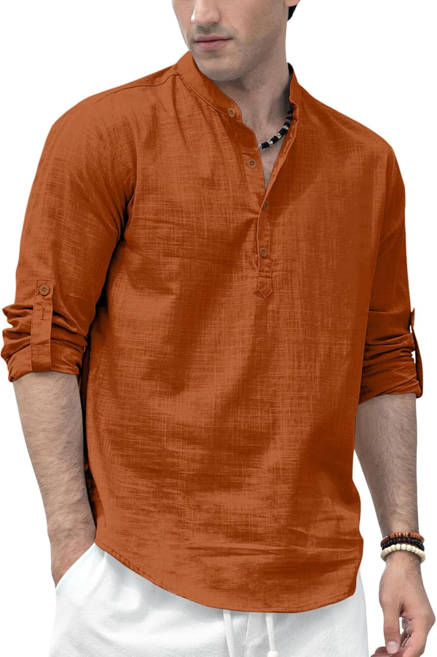 Zombom Men's Solid Cotton Polyester Blend Straight Kurta Shirt, Regular Fit Full Sleeve Short Kurta Shirt Brown