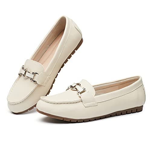 VERDASCO Women's Wide Loafers Shoes Cute Flats Shoes Moccasin Penny Loafers Slip On Work Shoes Casual Shoes Ladies Comfort Walking Shoes Leather Beige 6W