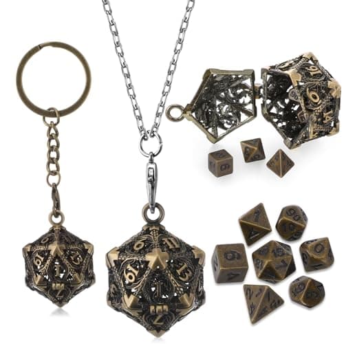 Syhood Mini Dice Set 7 Pcs Tiny Small Metal Dice Set Hollow D20 Necklace Case Keychain Role Playing Table Games Portable Teacher Gift Mother GiftAntique Gold
